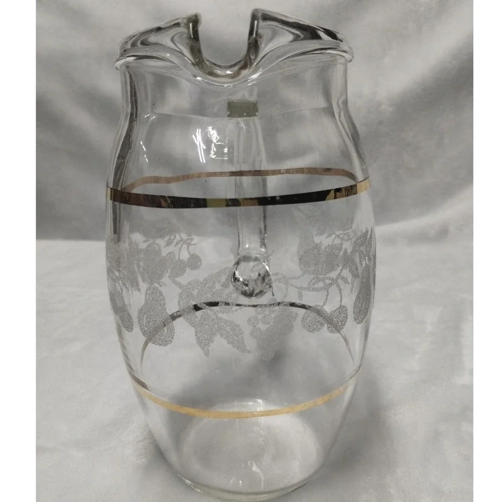 Mid Century Etched Glass Water Pitcher Gold Band Fruit Design‎